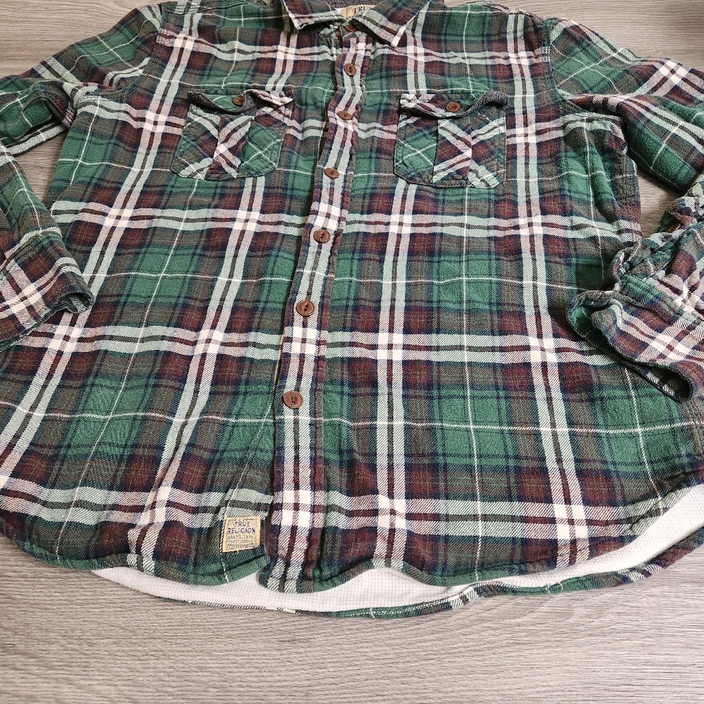 True Religion Green Shirt Size M Plaid Thermal Lined Workwear Flap Pockets Thick